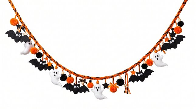 Halloween garland with felt bats ghosts and orange pom poms on white background