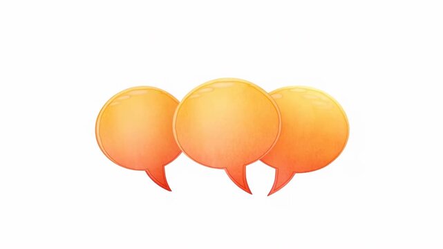Three glossy orange speech bubbles rotate and shift through overlapping positions on a bright white background, alternating between frontal and narrow side views in a smooth looping formation