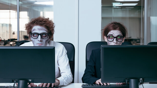 Two office workers dressed as frightening zombies sit at desktop computers in a modern workplace, pale undead makeup, messy hair and exhausted expressions creating a humorous Hallo