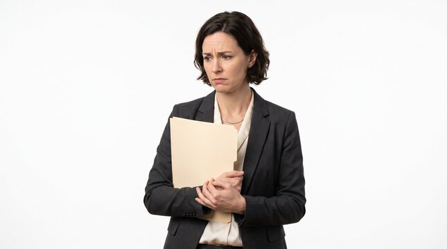 Worried businesswoman in dark suit holding a manila folder with a concerned expression on her face against a white background