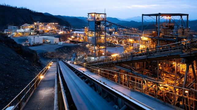 Industrial mining facility at dusk with illuminated conveyor belts and processing towers against mountainous terrain