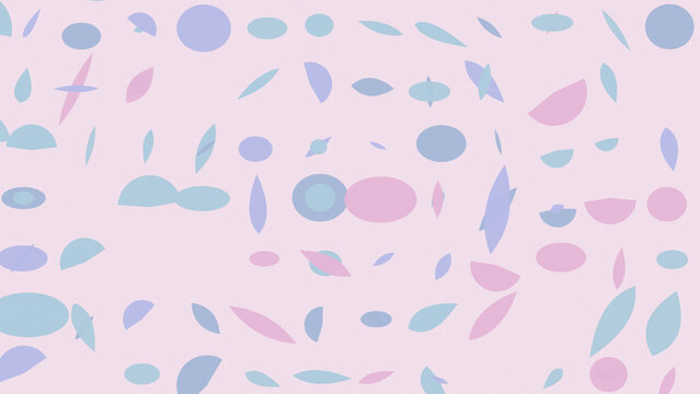 A dense arrangement of colorful pastel ovals, petals, and geometric forms fills a pink background, delivering a playful contemporary pattern for vibrant creative applications.