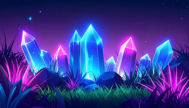 Vibrant neon purple and blue cave formations with glowing flora.