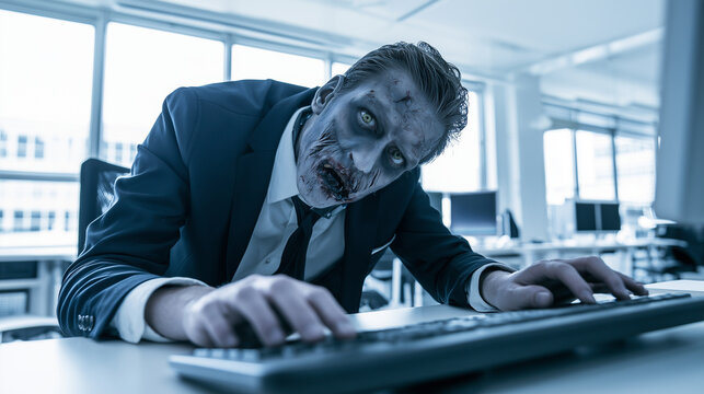 Low-angle portrait of an exhausted undead businessman working at a desk in a bright modern office, crooked posture and decomposed Halloween makeup contrasting with the clean corpor