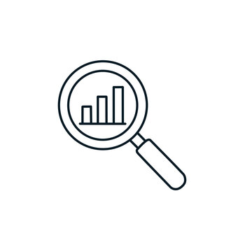 Magnifying glass with bar chart line art vector icon, business data analysis and market research symbol