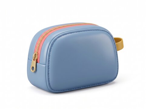 3d cute cartoon a small blue cosmetic pouch with a pink zipper and yellow handle, isolated on white background
