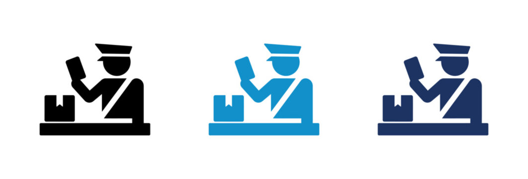 Customs officer icon set showing border control inspection and package verification process.