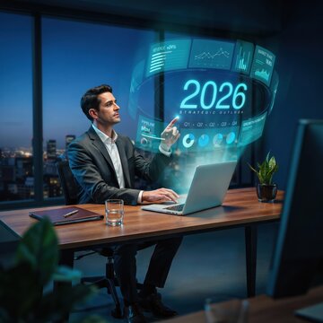 Professional businessman using holographic data interface for 2026 business planning in a modern dark office