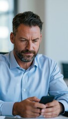 Fototapeta premium Business analyst reviewing mobile inbox at minimalist desk in modern office