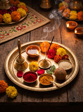 Brass prayer plate arranged with oil lamp and aromatic incense stick burning.