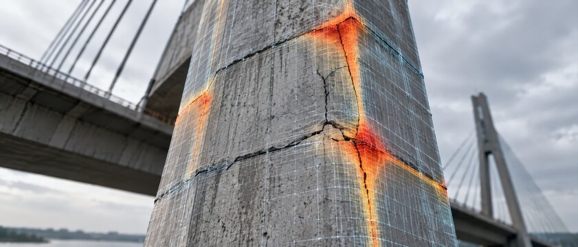 Digital Twin Structural Analysis of Bridge Pylon, Concrete Column with Stress Crack Detection Mesh Overlay for Infrastructure Monitoring Technology