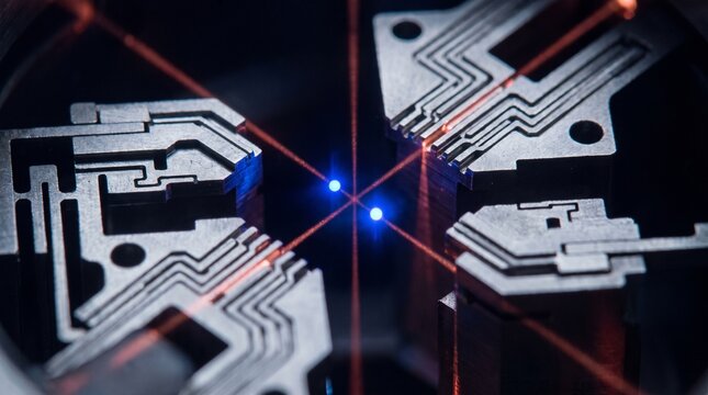 Trapped ion quantum computer chip with glowing blue qubits and red laser beams