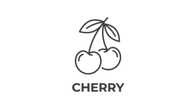 Minimalist line art cherry icon logo featuring two connected cherries with a curved stem, black outline, vector illustration