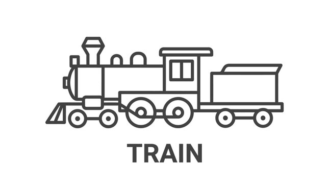 Line art illustration of a classic steam locomotive with a tender and boxcar in black-and-white vector drawing.