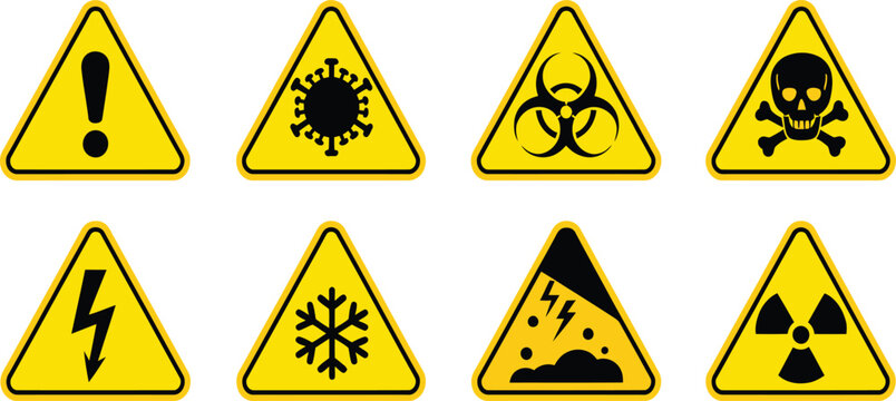 A, warning, sign, caution, hazard, danger, alert, symbol, triangular, yellow, black, virus, biohazard, toxic, electricity, radiation.