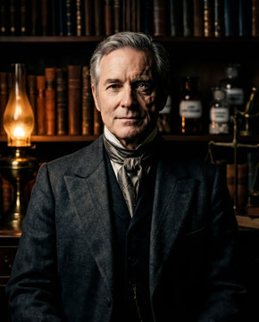 Portrait of a senior man in a Victorian suit and cravat standing in a candlelit library with books and antique bottles behind him.