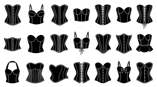 Set of Black Silhouette Vector Icons of Corsets and Bustiers on White Background