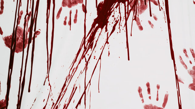Wide white Halloween backdrop featuring dark red handprints with elongated dripping streaks and irregular crimson splashes, diagonal smear crossing the center while large negative