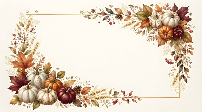 Watercolor autumn frame with pumpkins and fall leaves on a light background for seasonal greeting cards