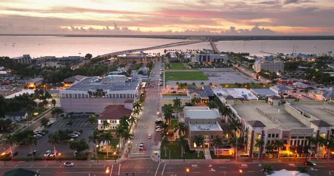 Charming historic townscape of Punta Gorda, Florida featuring colorful buildings, quiet streets and classic architecture in a popular travel destination.