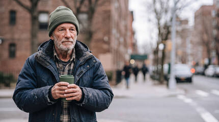 Fototapeta premium An elderly man with a beard and a green beanie stands on a city street holding a green cup. Homeless person, homelessness issue, urban poverty, senior struggle.