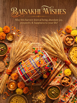Baisakhi festival wishes with traditional food sweets dhol and wheat stalks.