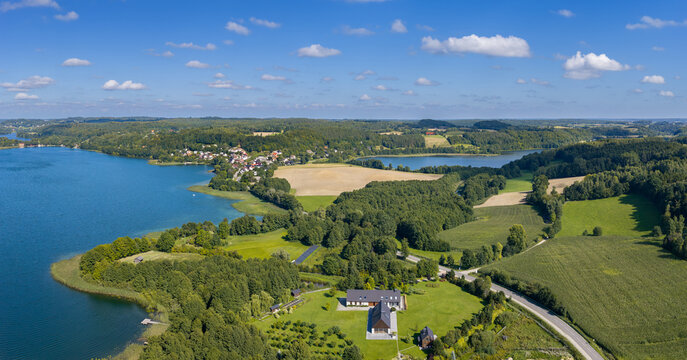 Kashubian lakes. Lake Kłodno and Lake Małe Brodno, and the village of Zawory situated between them.