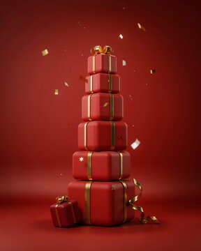 Tower of red gift boxes with confetti celebrating a special occasion
