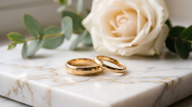 Two elegant gold wedding bands resting on white marble surface with rose and eucalyptus