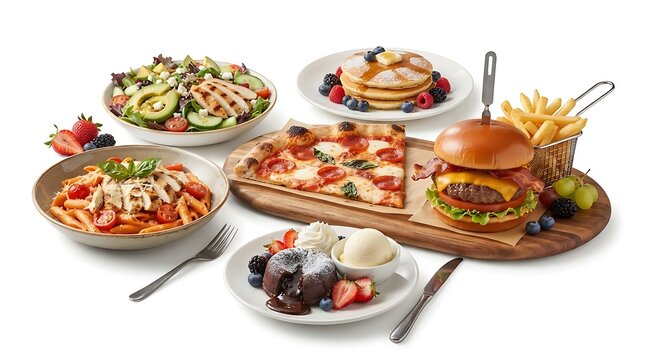 A delicious spread of various restaurant dishes including pizza burger pasta salad and dessert on a white background