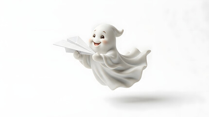 Obraz premium Friendly 3d Ghost Character Flying with Paper Airplane. Cute Halloween Spirit Halloween. Adorable White Figure Flying Ghost Holding Plane. Fun Holiday Icon. Cartoon Halloween Ghost. Happy Ghost