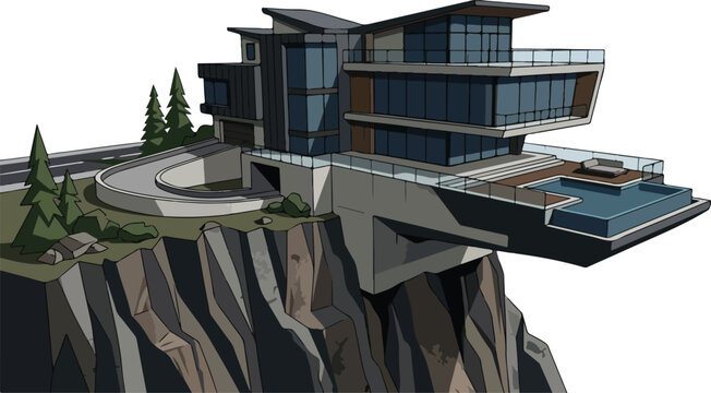 Modern luxury mansion standing on a cliff edge with infinity pool