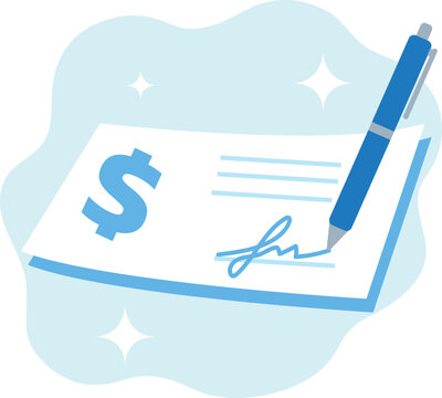 Signed paper bank cheque with dollar sign and pen signing signature