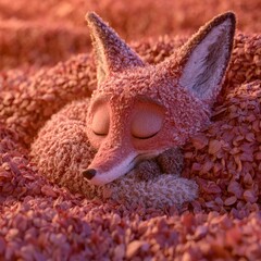 Fototapeta premium A fox character is curled up and napping in a pile of leaves. The scene is filled with warm russet tones, creating a cozy atmosphere.