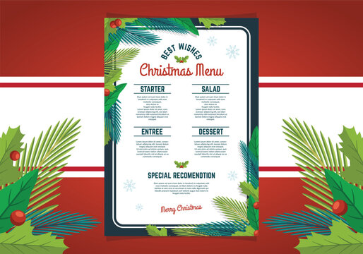 Christmas menu card with festive palm leaf border