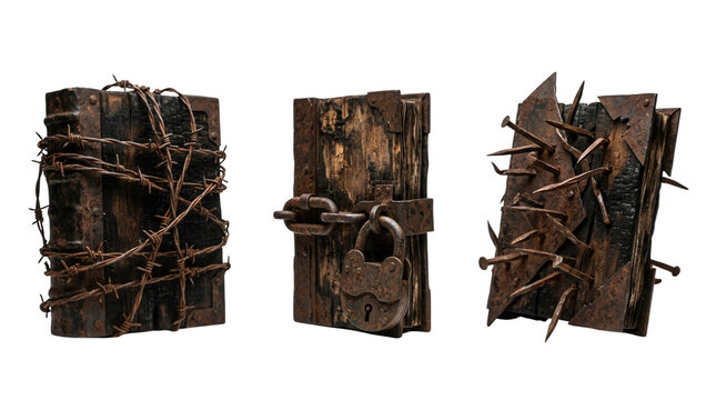 Enigmatic gothic novels bound in barbed wire and secured with locks ideal for spooky halloween decorations