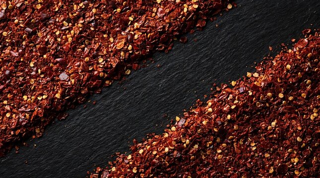 Close-up of aleppo pepper flakes arranged in two diagonal lines on a dark textured stone background for a professional culinary food photography concept