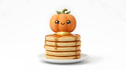 Fototapeta premium Cute pumpkin on pancakes, orange autumn breakfast stack, seasonal fall food, drizzled maple syrup, kawaii dessert concept, harvest theme, spooky season sweet dish isolated on White Background