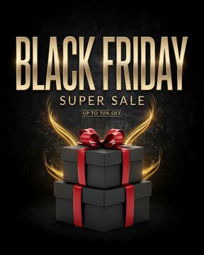 Black friday super sale with gift boxes and golden lighting effects