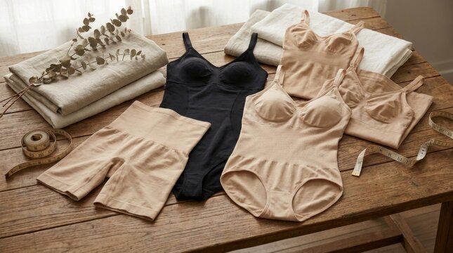 Shapewear bodysuit garment set showcasing elastic compression undergarment, slimming high waist short, beige camisole, measuring tape, folded natural linen textile, rustic wooden table background.