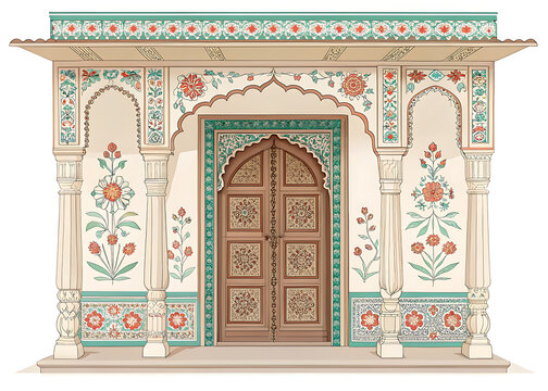 Traditional Indian doorway with floral painted wood panels, carved columns, simple arch frame, premium vector style