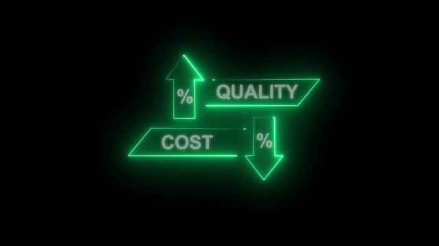 Cost control and quality control neon animation isolated on black background, Percentage icon of quality Successful Percentage icon of quality with up arrow and cost with down arrow, Cost and quality