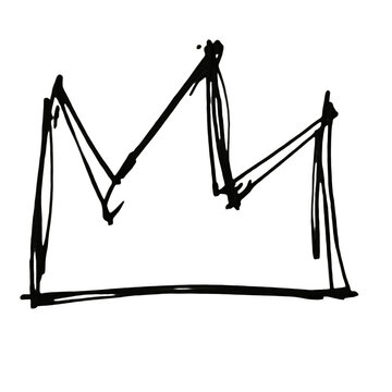 A simple hand drawn doodle of a crown sketch in black ink on a page for creative graphic design projects