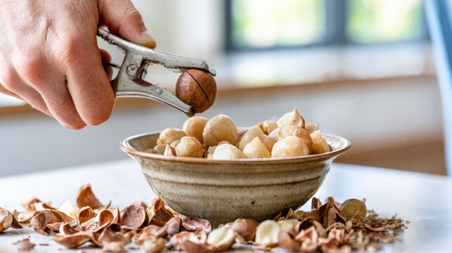 Hand cracking macadamia nut with nutcracker beside bowl of shelled nuts, snack preparation, ingredient processing and home kitchen food handling concept