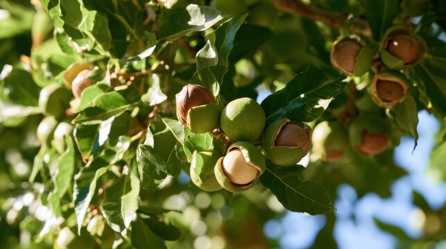 Macadamia nuts on leafy tree branch in orchard, crop production and agricultural harvesting, premium nut sourcing and food ingredient supply