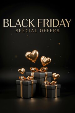 Elegant black friday sale composition with gold hearts and gift boxes