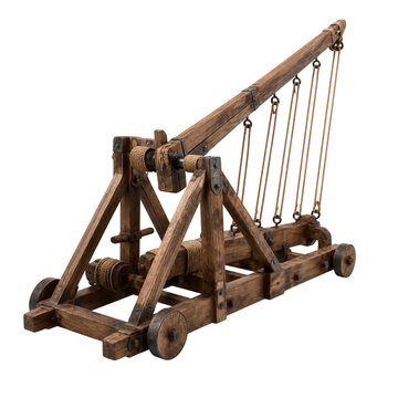 Medieval wooden catapult siege engine with rope tensioning isolated on transparent background PNG element