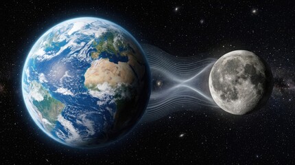 Fototapeta premium Planet Earth and the Moon showing lunar axial stabilization, demonstrating rare gravitational tidal force interaction, protecting global climate from chaotic orbital tilt swings in deep space.