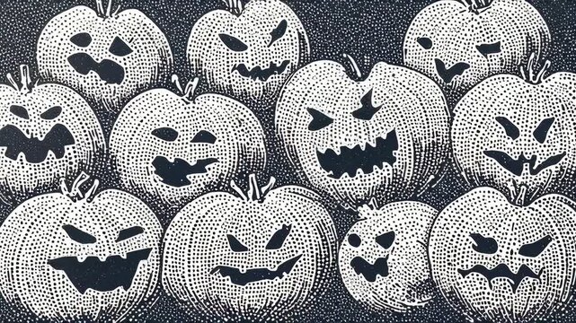A set of Halloween pumpkins with carved faces. Retro aesthetic, illustration engraving style. Black and white, vintage style
