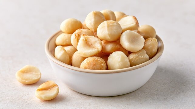 Bowl of macadamia nuts with scattered kernels on light surface, healthy snack ingredient, baking, food preparation and nut nutrition concept